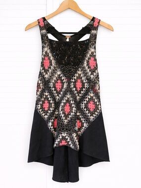 Free People Crochet Black Sequin  Racerback Tank Top Small Boho Festival Hippie